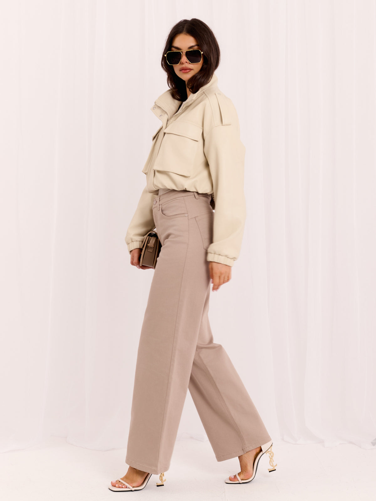 Dark Beige Wide-Leg Denim Trousers